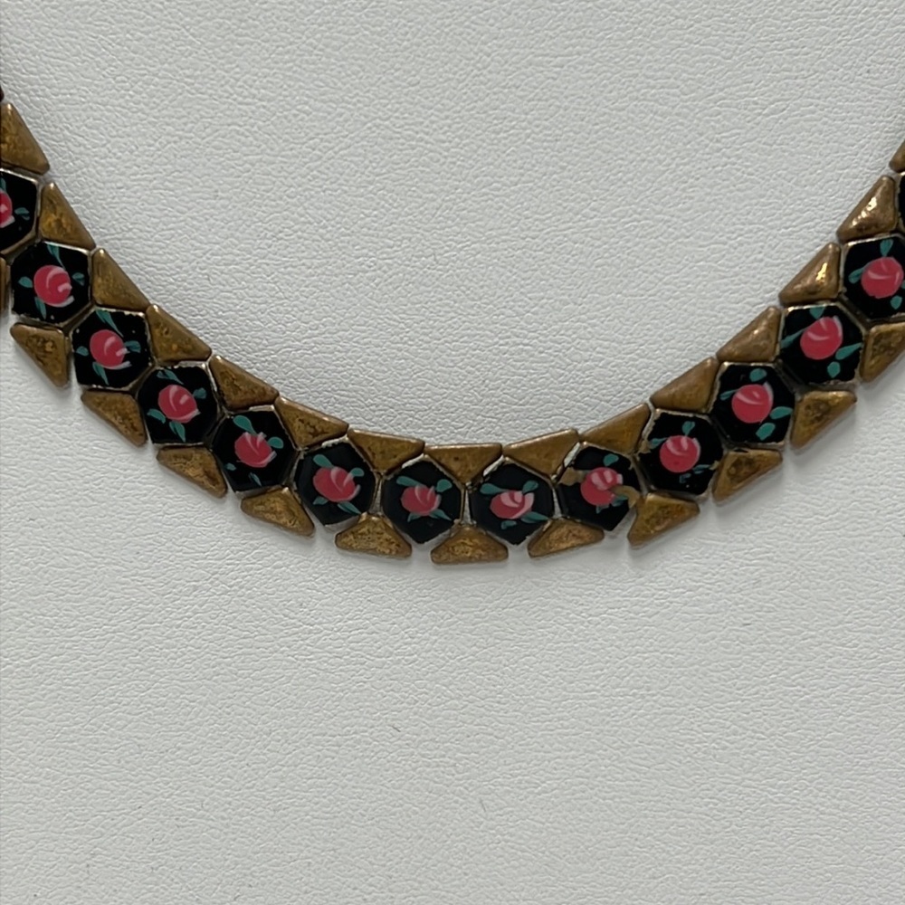 Vintage Hexagon Necklace Gold Mesh Painted Choker 15”